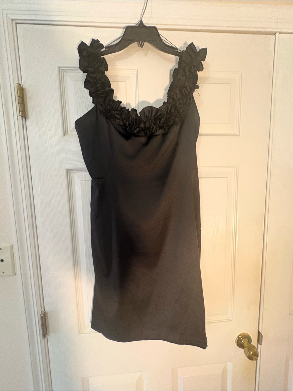 London Times Black Mini Cocktail Dress Rosette Ruffle Neck NWOT. Size 10p.